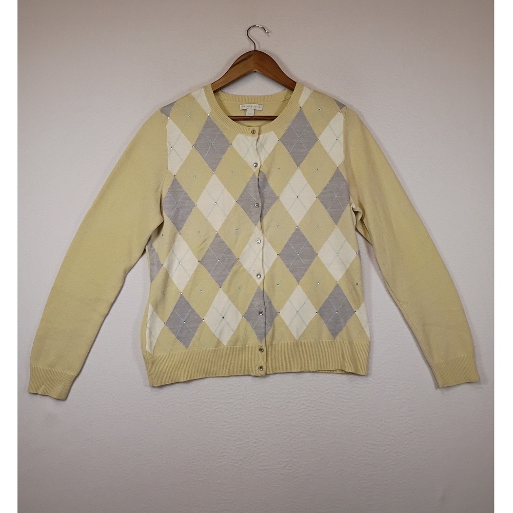 New York & Company Women XL Yellow Argyle Rhinestone‎ Button Cardigan Sweater